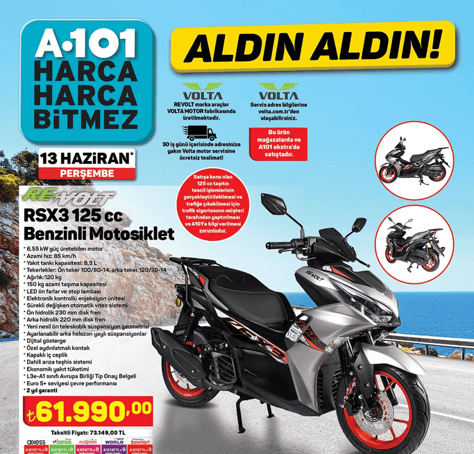 A101'de Motosiklet Tutkunlarını Heyecanlandıracak Dev İndirim! Revolt RSX3 125cc Benzinli Motosiklet 61.990 TL'den Sizin Olabilir!